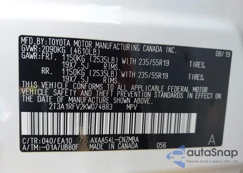 2019 Toyota Rav4 Xle Premium из США, поврежденный, VIN 2T3A1RFV2KW074883